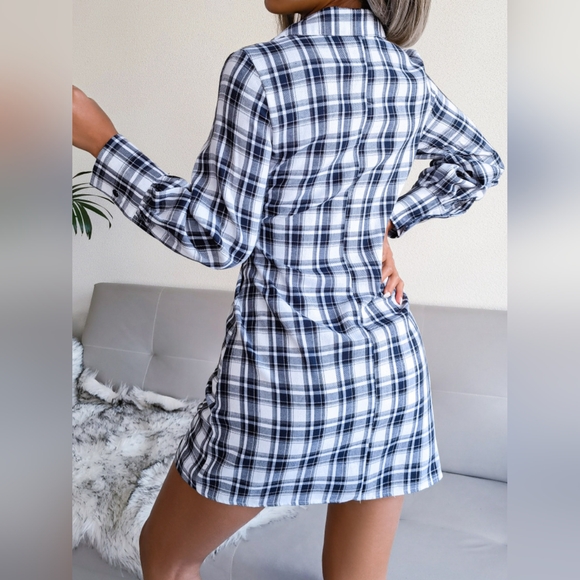 Tied Plaid Long Sleeve Mini Shirt Dress - Picture 5 of 9